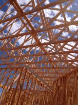 Trusses above upstairs hallway with master bedroom on left and 2nd bedroom on right