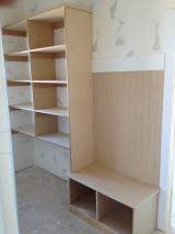 Shelving in Mud Room, Dog crates go under shelving in far section